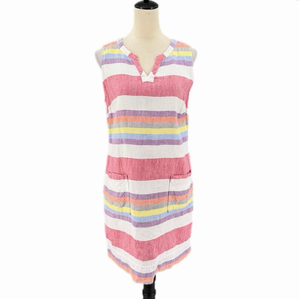 Boden White Multi Color Striped 100% Linen V-neck Sleeveless Shift Summer Dress
